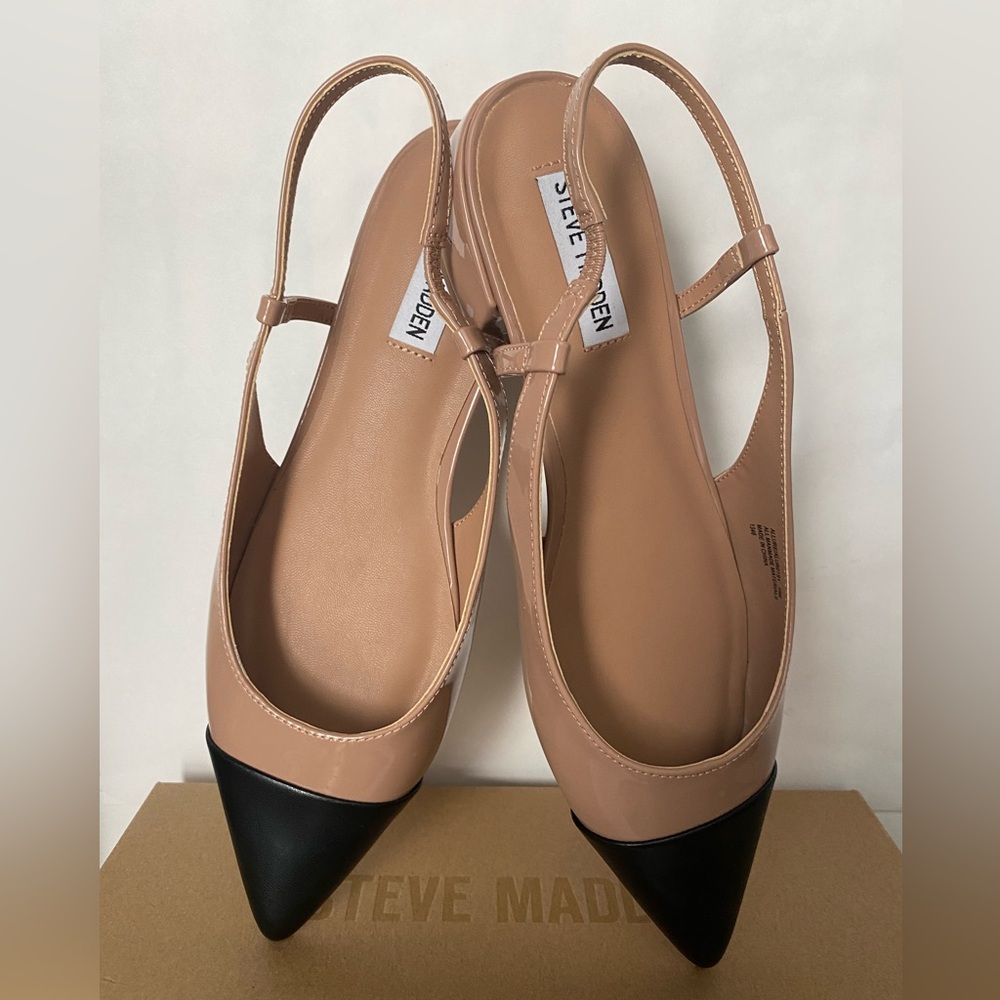 Steve Madden Allure Slingback Pointed Toe 1”Heel Flats in Tan & Black patent 8M